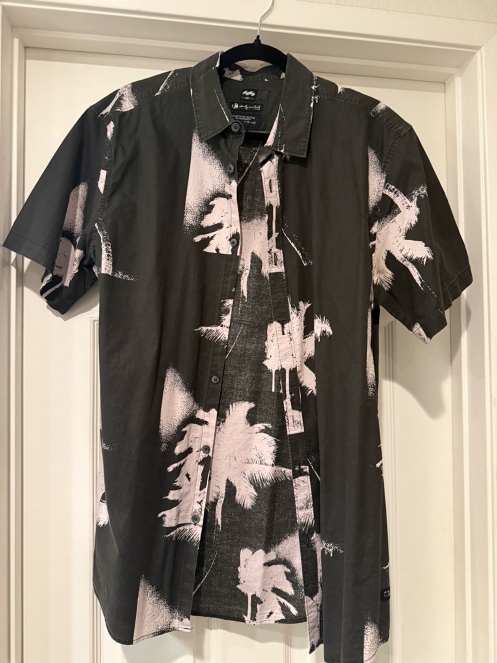 Billabong Black Button-Up Shirt with Light Pink Palm Print
